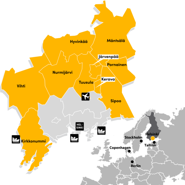 Karttakuva Helsinki Ring of Industry -alueesta. Karttakuvaan on merkitty kolme satamaa, lentokenttä sekä Helsinki.